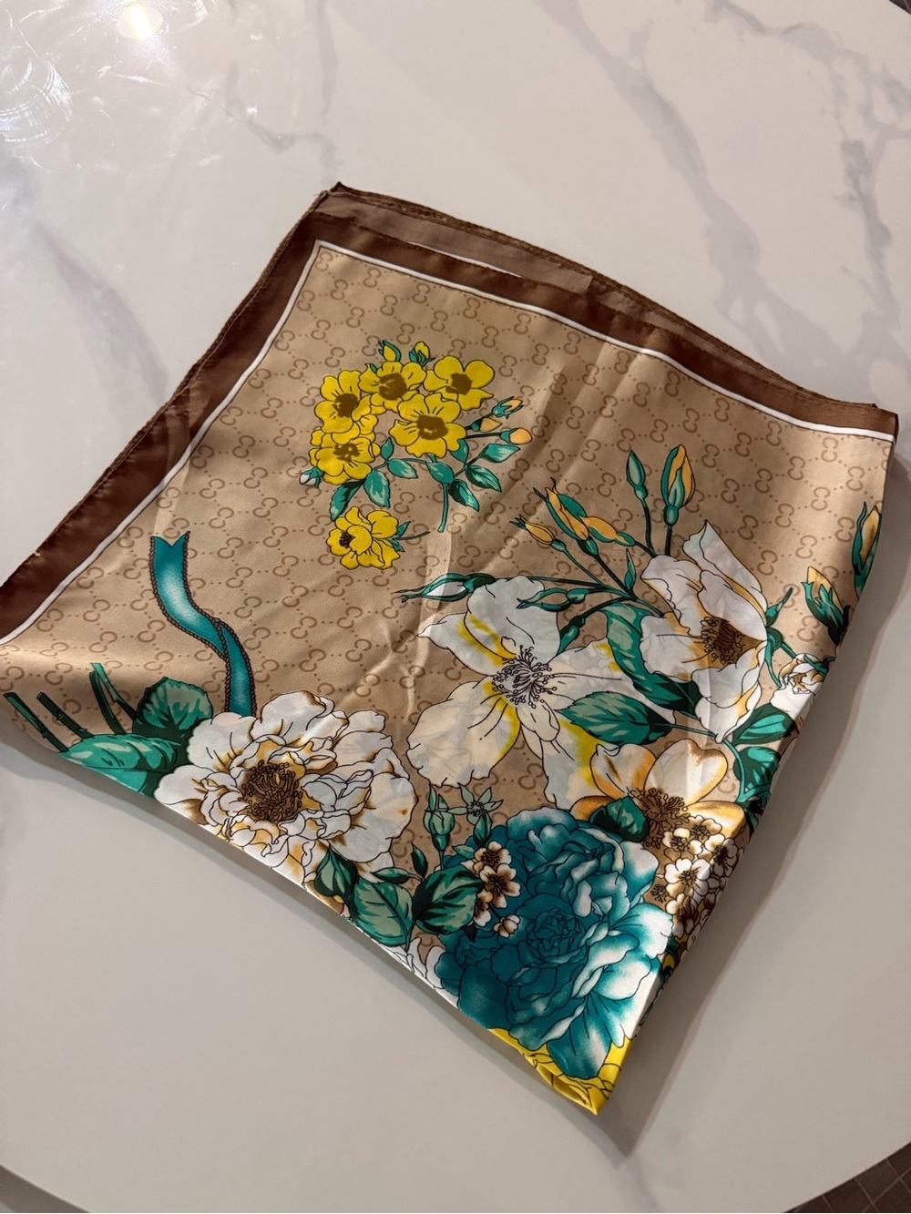 Designer-Inspired Floral Silk Scarf in Beige and Teal